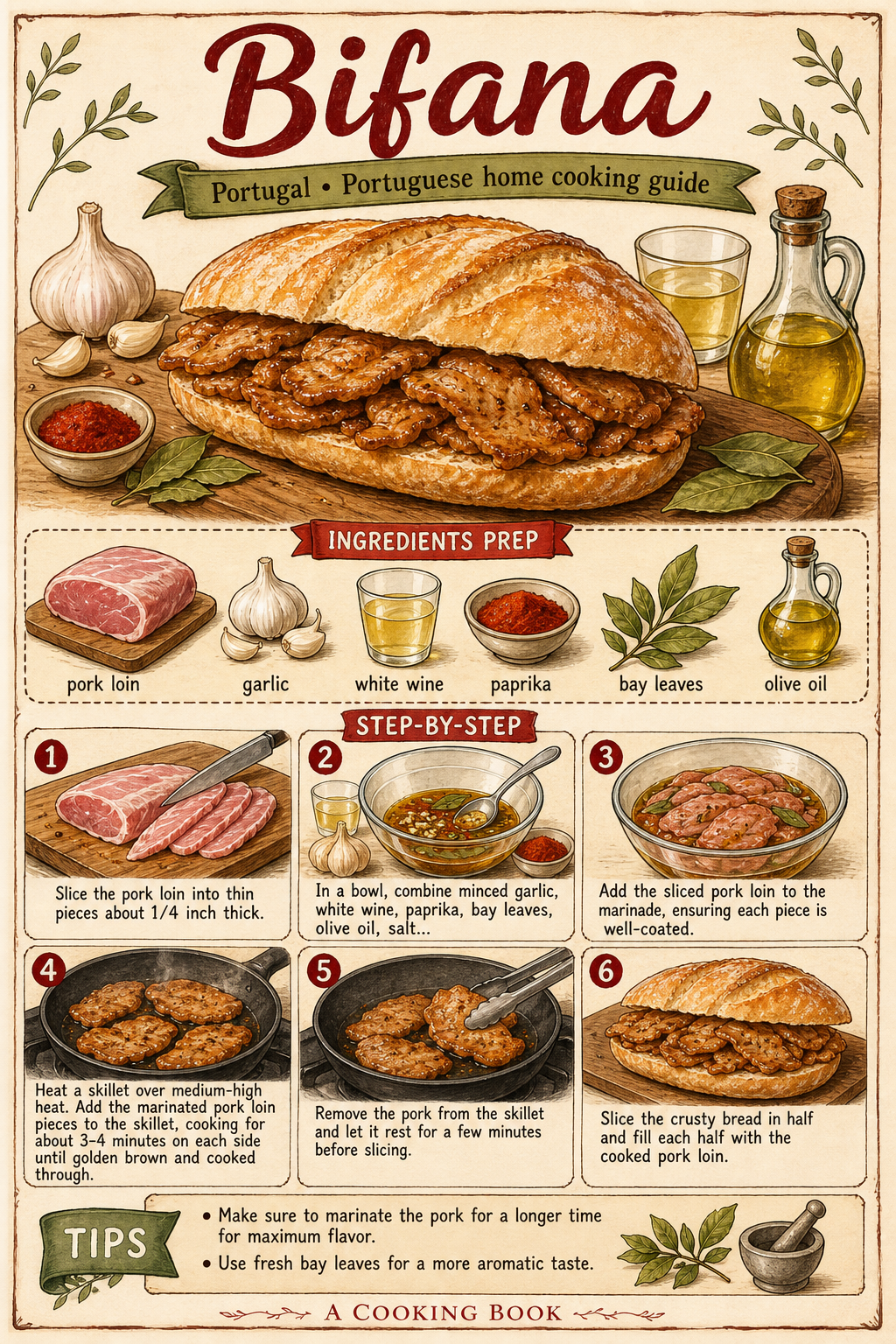 Traditional Portuguese Bifana illustrated step-by-step cooking guide