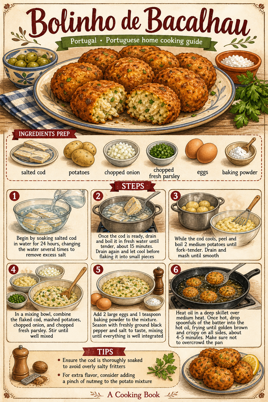 Traditional Portuguese Pastéis de Bacalhau illustrated step-by-step cooking guide