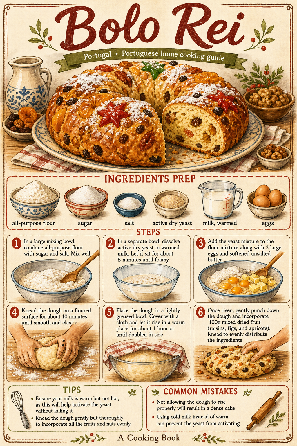 Traditional Portuguese Bolo Rei illustrated step-by-step cooking guide