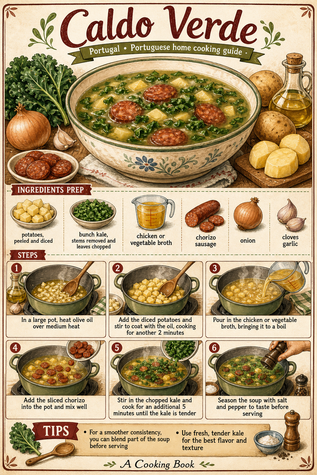 Traditional Portuguese Caldo Verde illustrated step-by-step cooking guide