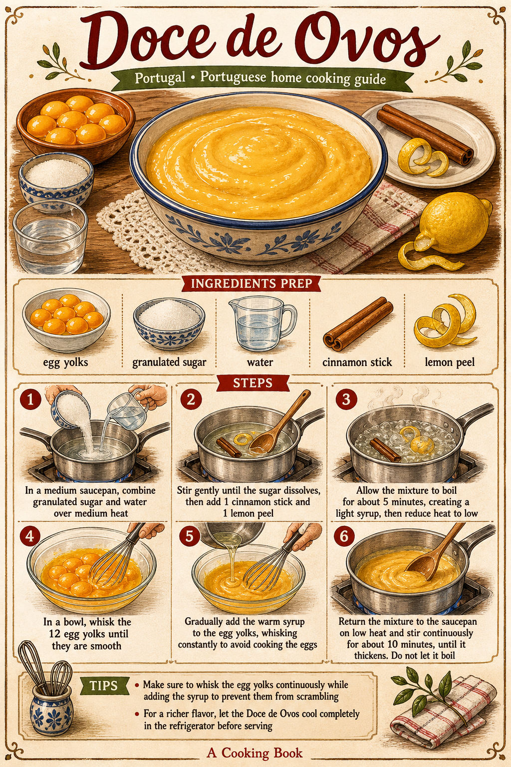 Traditional Portuguese Doce de Ovos illustrated step-by-step cooking guide