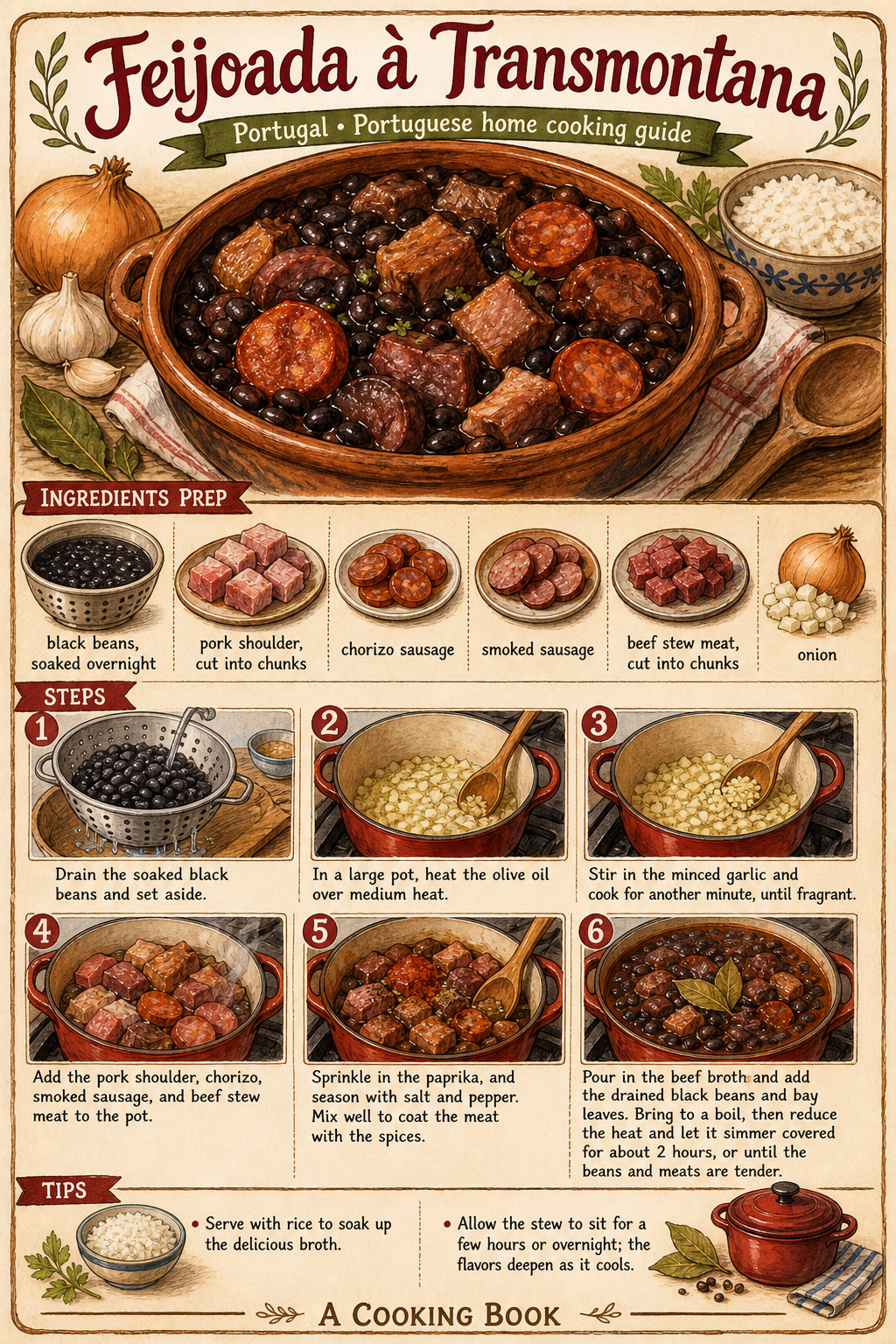 Traditional Feijoada à Transmontana illustrated step-by-step cooking guide