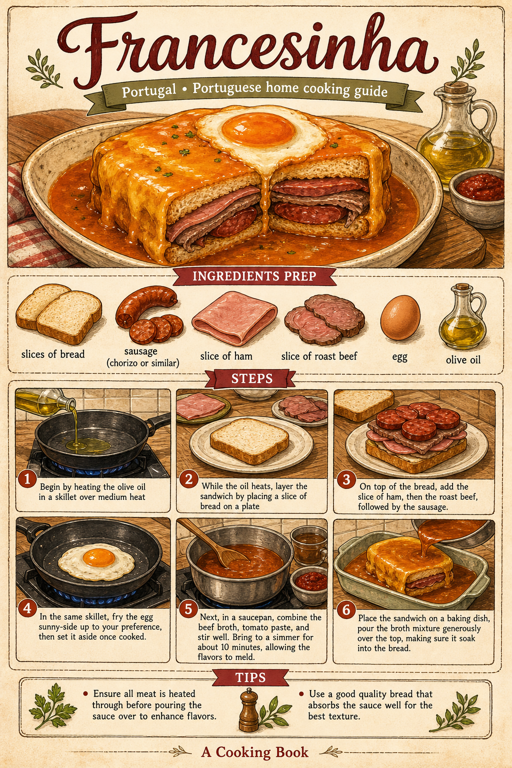 Traditional Porto Francesinha illustrated step-by-step cooking guide