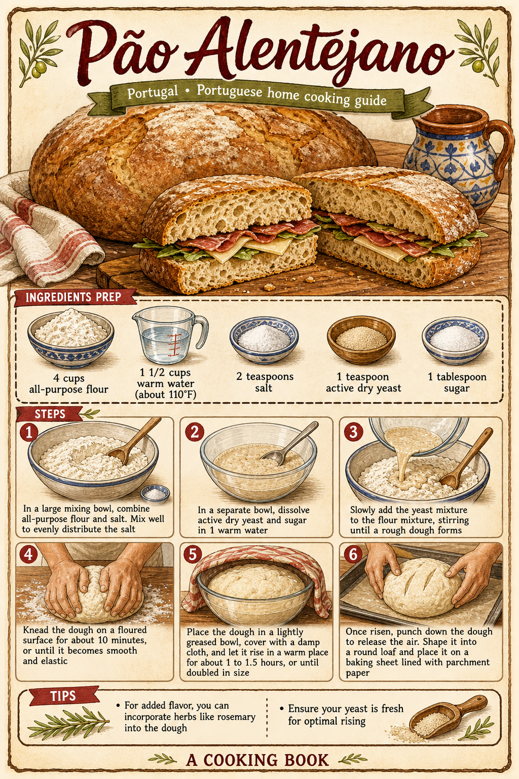 Traditional Pão Alentejano illustrated step-by-step cooking guide
