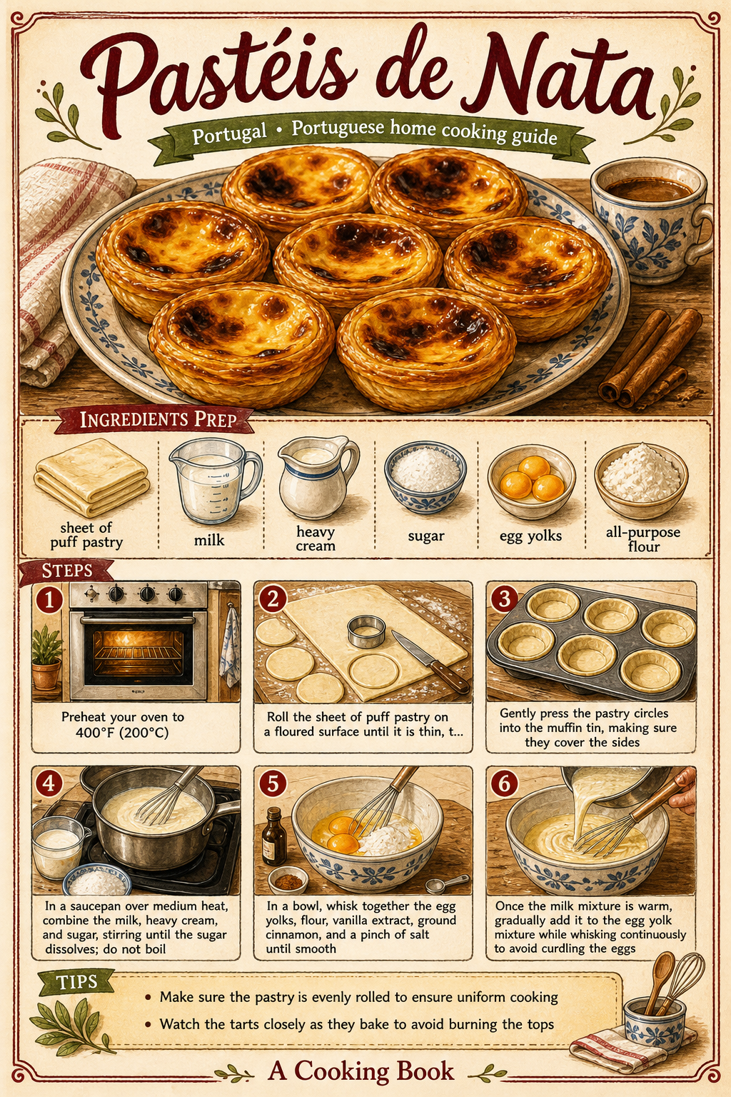 Traditional Portuguese Pastéis de Nata illustrated step-by-step cooking guide