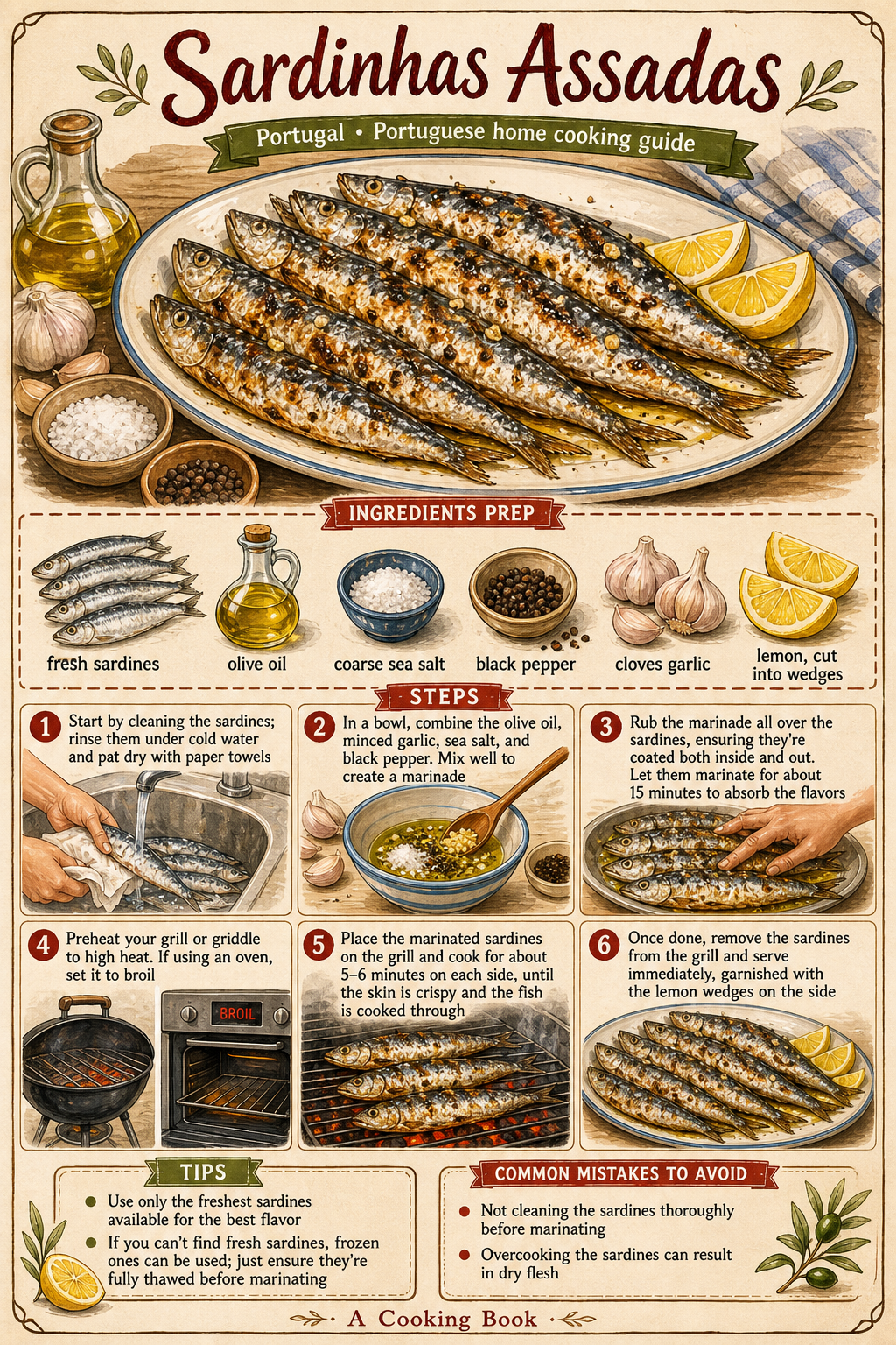 Traditional Sardinhas Assadas na Brasa illustrated step-by-step cooking guide