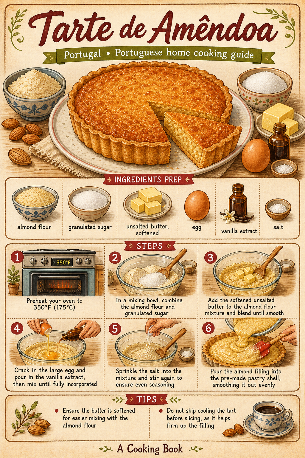Traditional Portuguese Tarte de Amêndoa illustrated step-by-step cooking guide