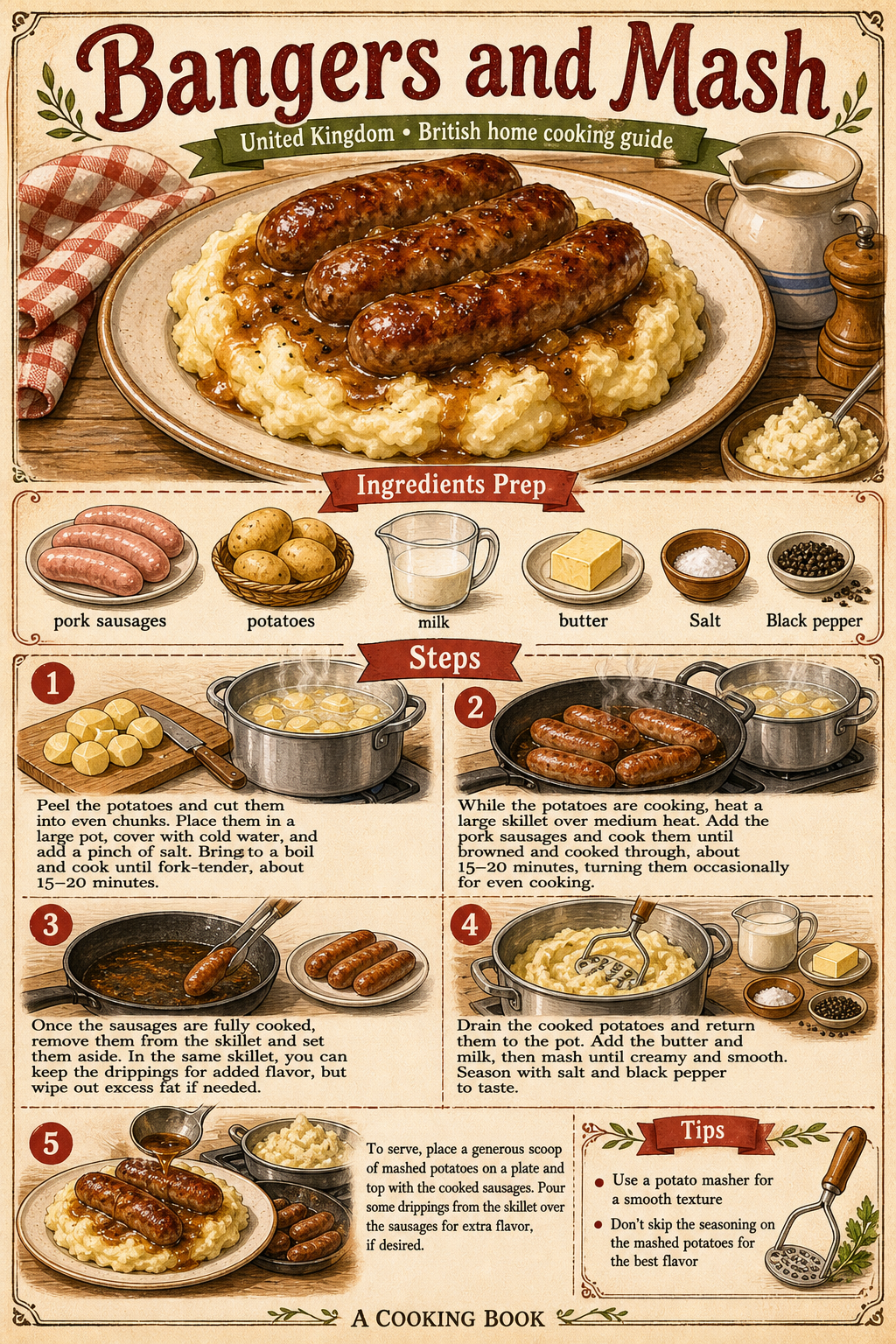 Bangers and Mash illustrated step-by-step cooking guide