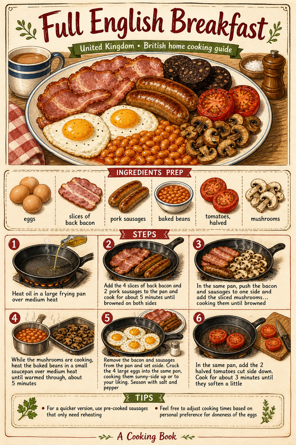 Full English Breakfast illustrated step-by-step cooking guide
