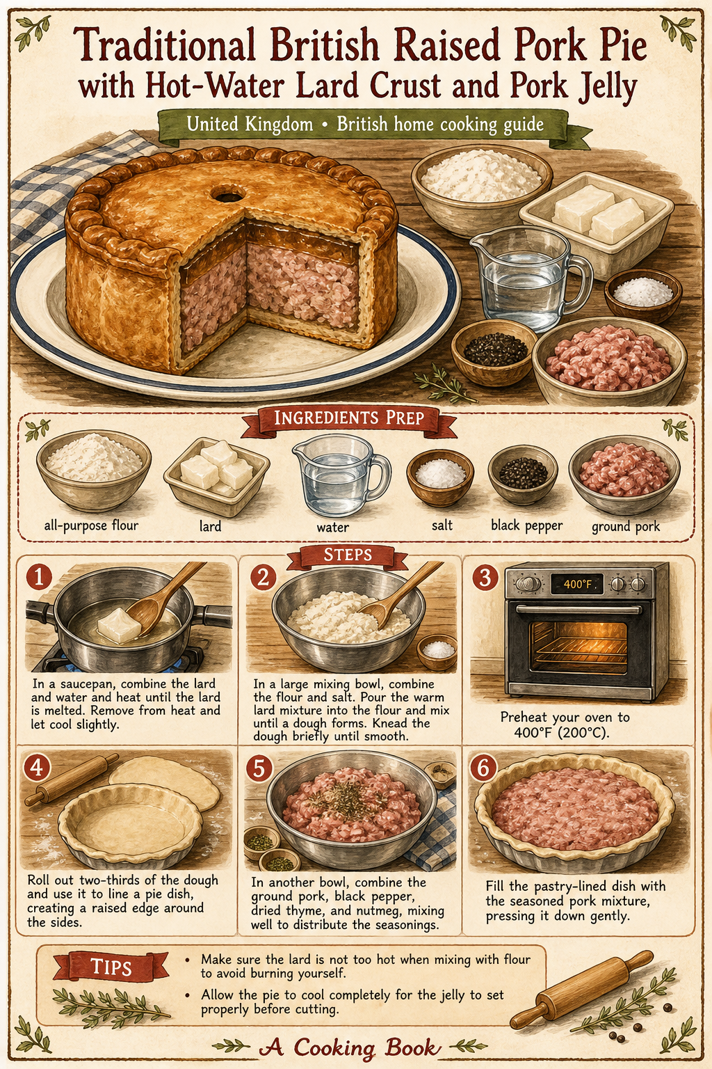 Traditional British Raised Pork Pie with Hot-Water Lard Crust and Pork Jelly illustrated step-by-step cooking guide