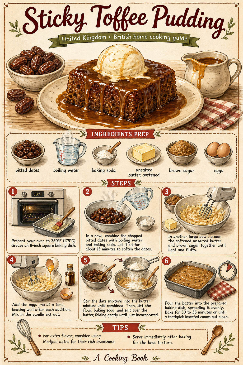 Sticky Toffee Pudding illustrated step-by-step cooking guide