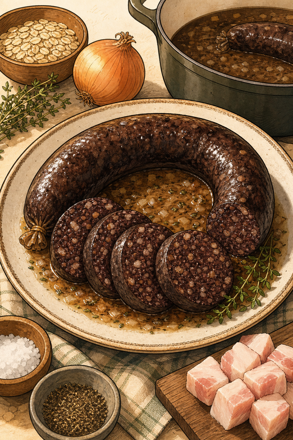 Traditional Irish Black Pudding in Casings, Gently Poached illustrated recipe card