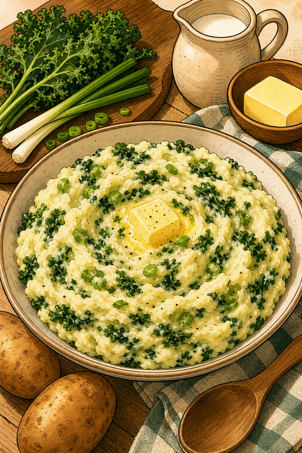 Traditional Irish Colcannon with Cabbage and Scallions