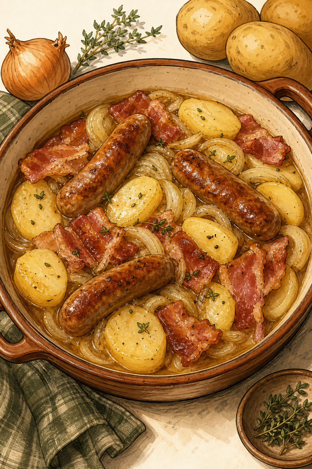 Traditional Dublin Coddle with Sausages and Bacon illustrated recipe card