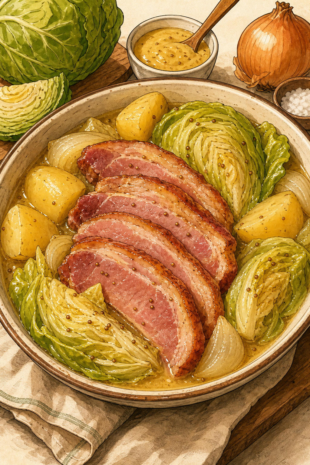 Traditional Irish Bacon and Cabbage with Mustard Sauce illustrated recipe card