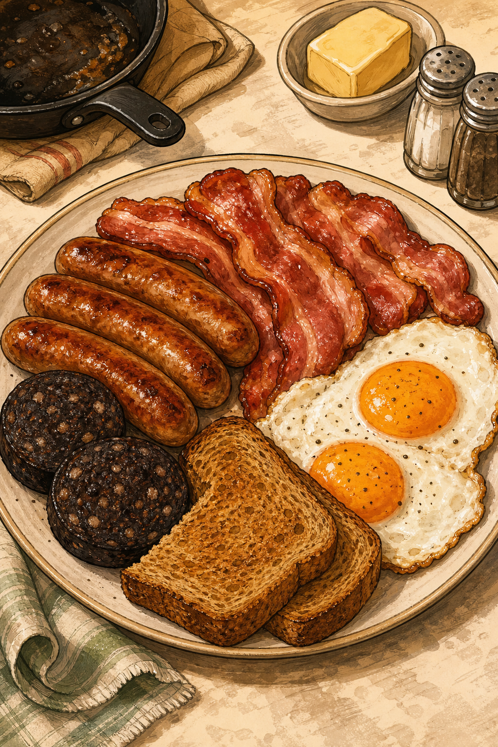 Full Irish Breakfast with Rashers and Black Pudding illustrated recipe card