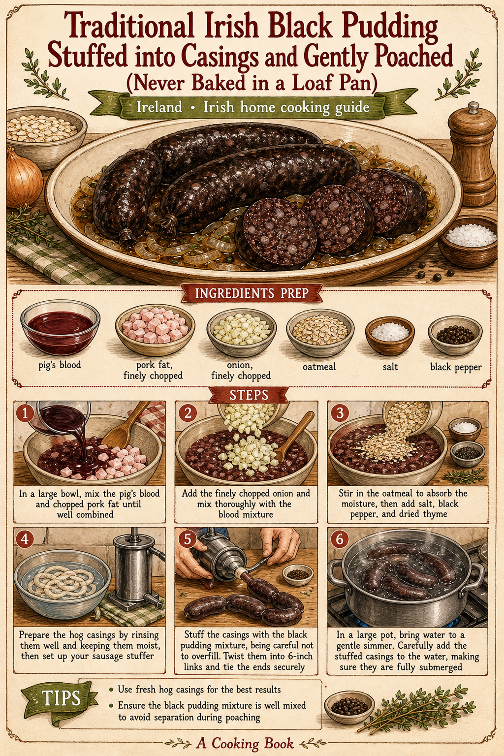 Traditional Irish Black Pudding in Casings, Gently Poached illustrated step-by-step cooking guide