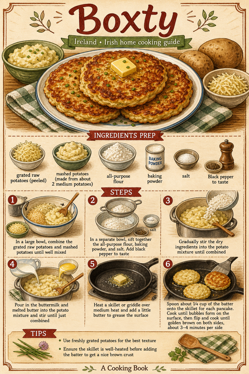 Traditional Irish Boxty Potato Pancakes illustrated step-by-step cooking guide