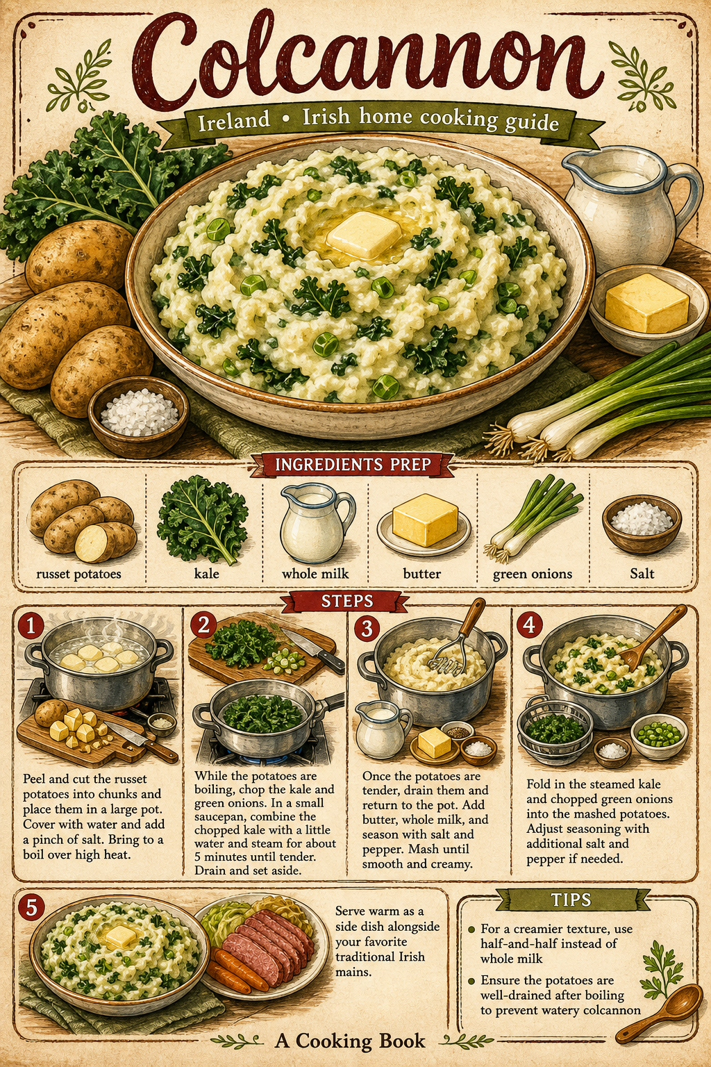 Traditional Irish Colcannon with Cabbage and Scallions illustrated step-by-step cooking guide