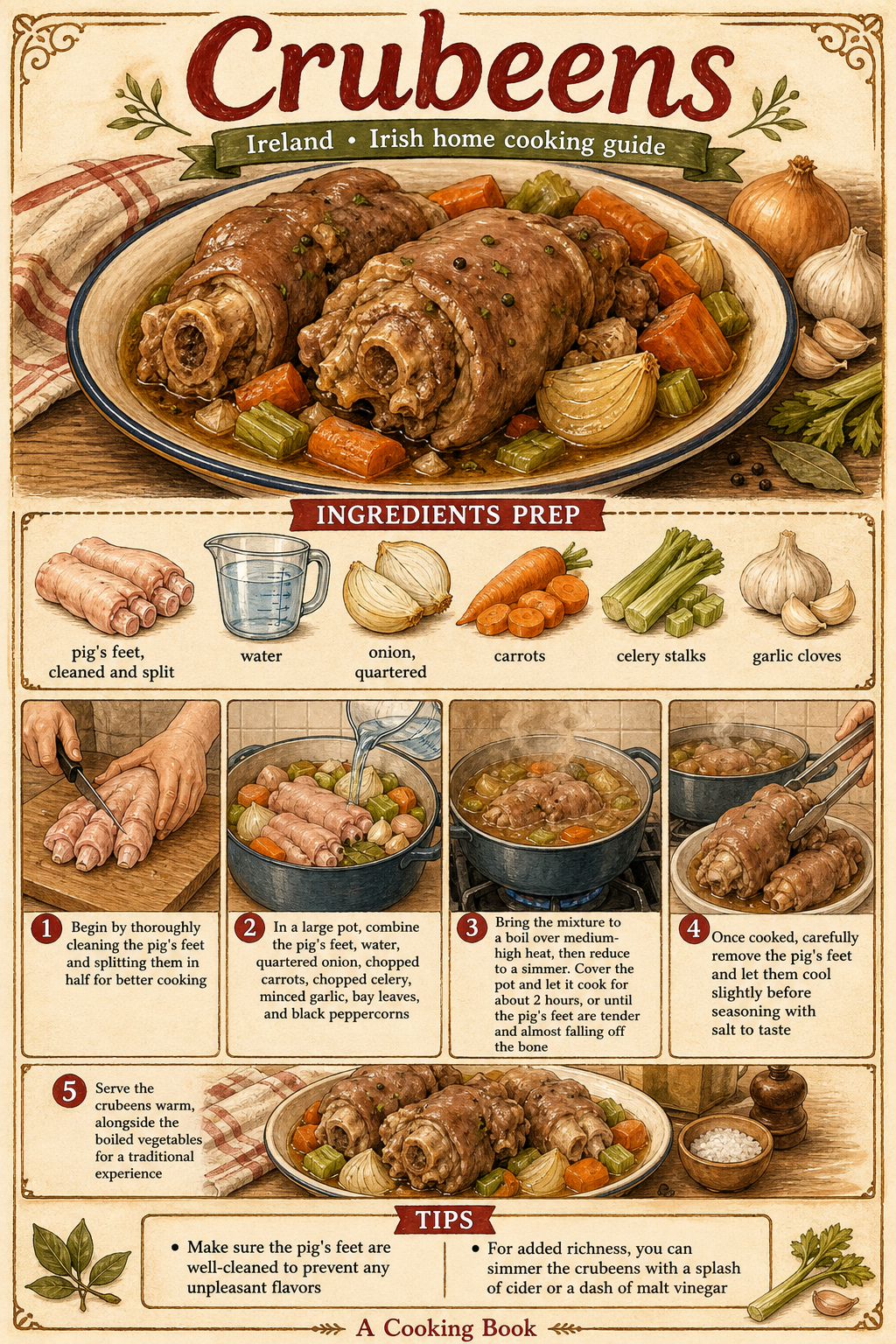 Traditional Irish Crubeens (Pig's Trotters) illustrated step-by-step cooking guide