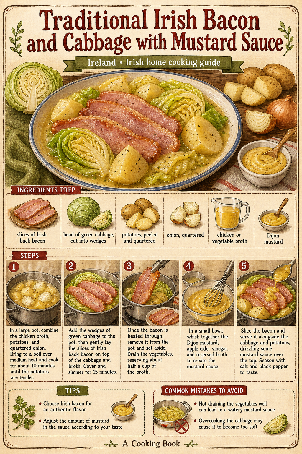 Traditional Irish Bacon and Cabbage with Mustard Sauce illustrated step-by-step cooking guide