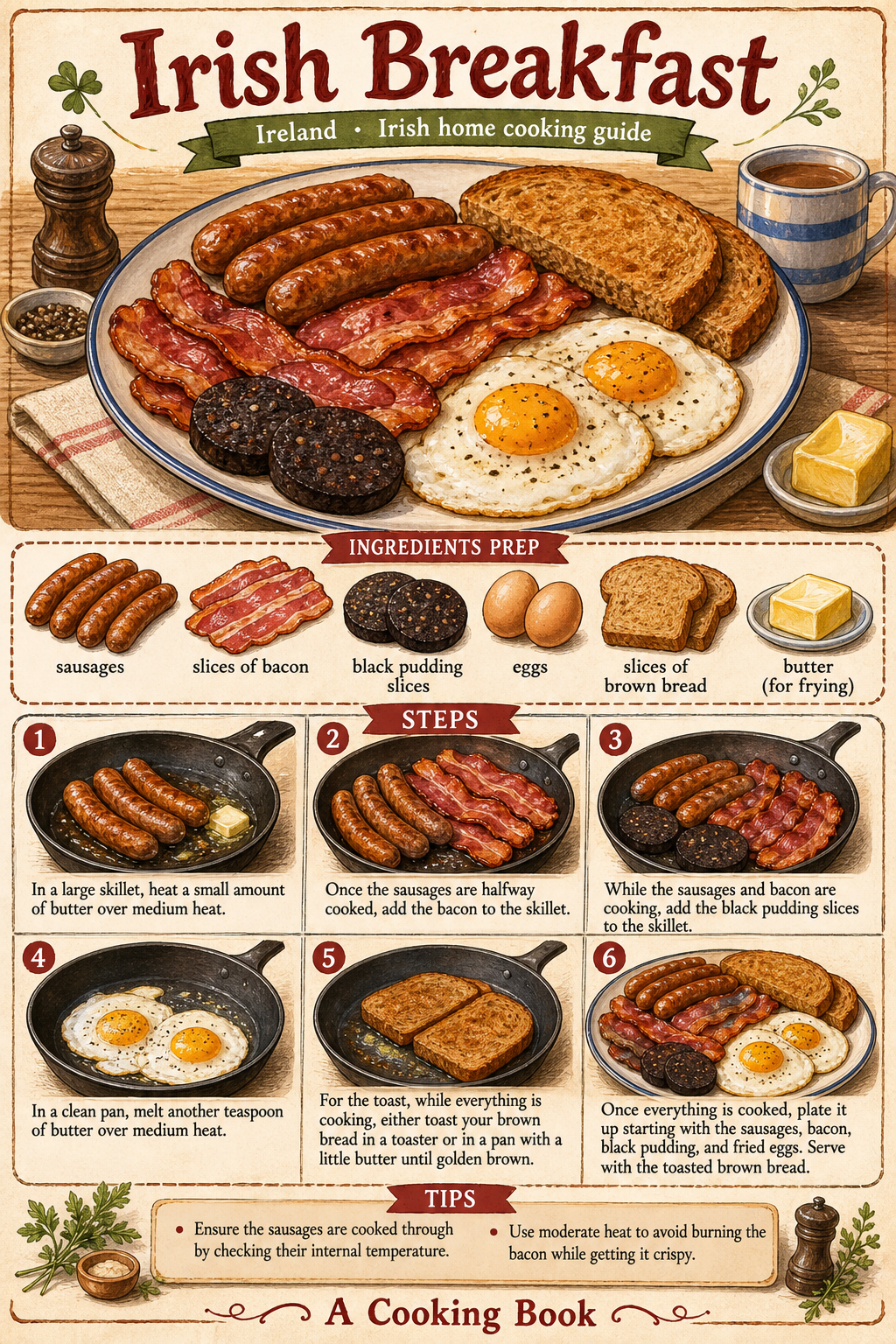 Full Irish Breakfast with Rashers and Black Pudding illustrated step-by-step cooking guide