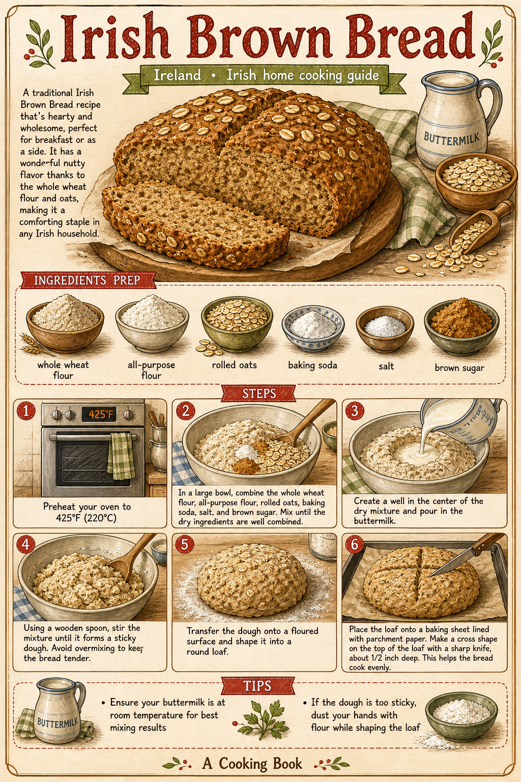 Traditional Irish Wholemeal Brown Soda Bread illustrated step-by-step cooking guide