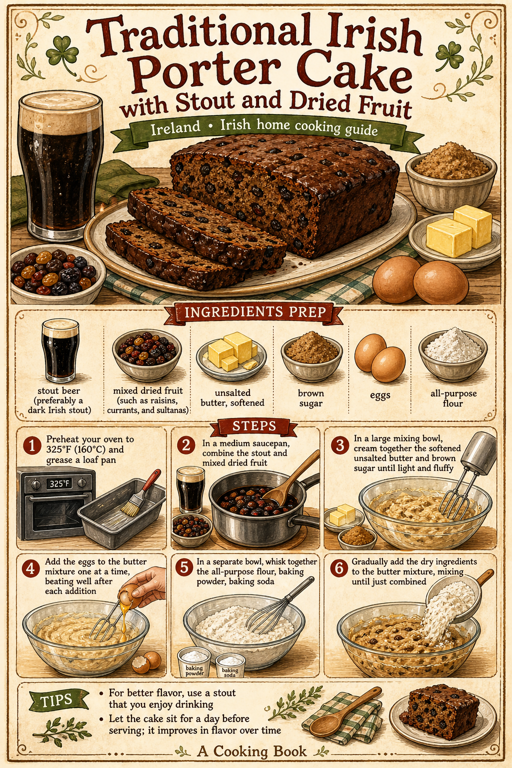 Traditional Irish Porter Cake with Stout and Dried Fruit illustrated step-by-step cooking guide