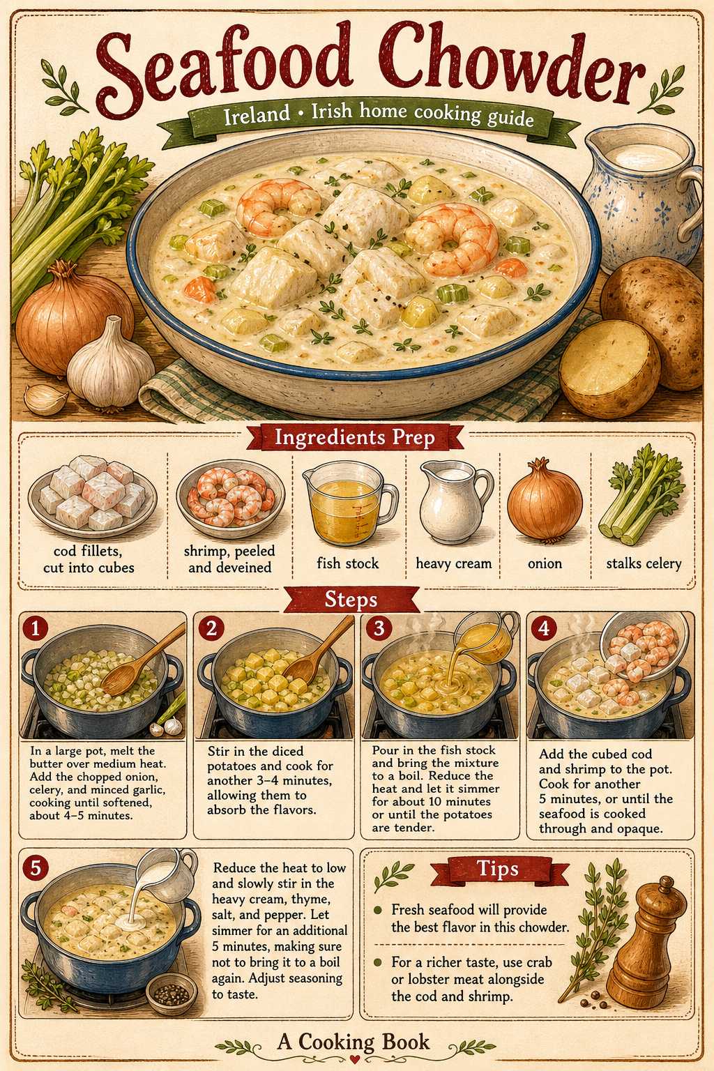 Irish Pub-Style Atlantic Seafood Chowder illustrated step-by-step cooking guide