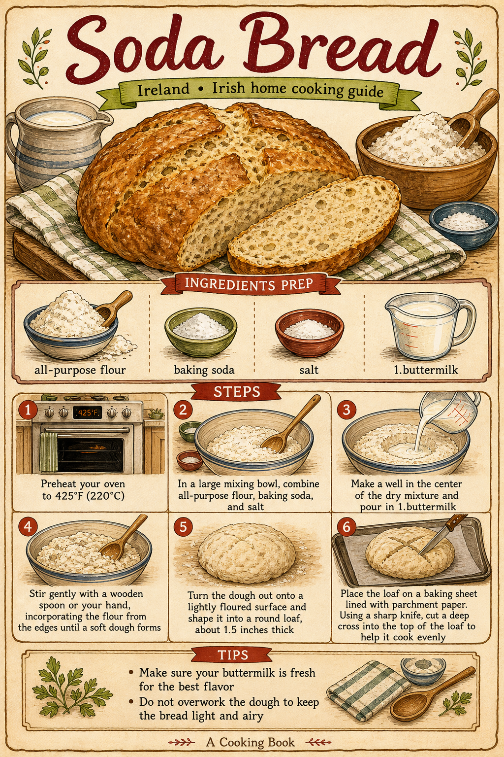 Traditional Irish White Soda Bread illustrated step-by-step cooking guide