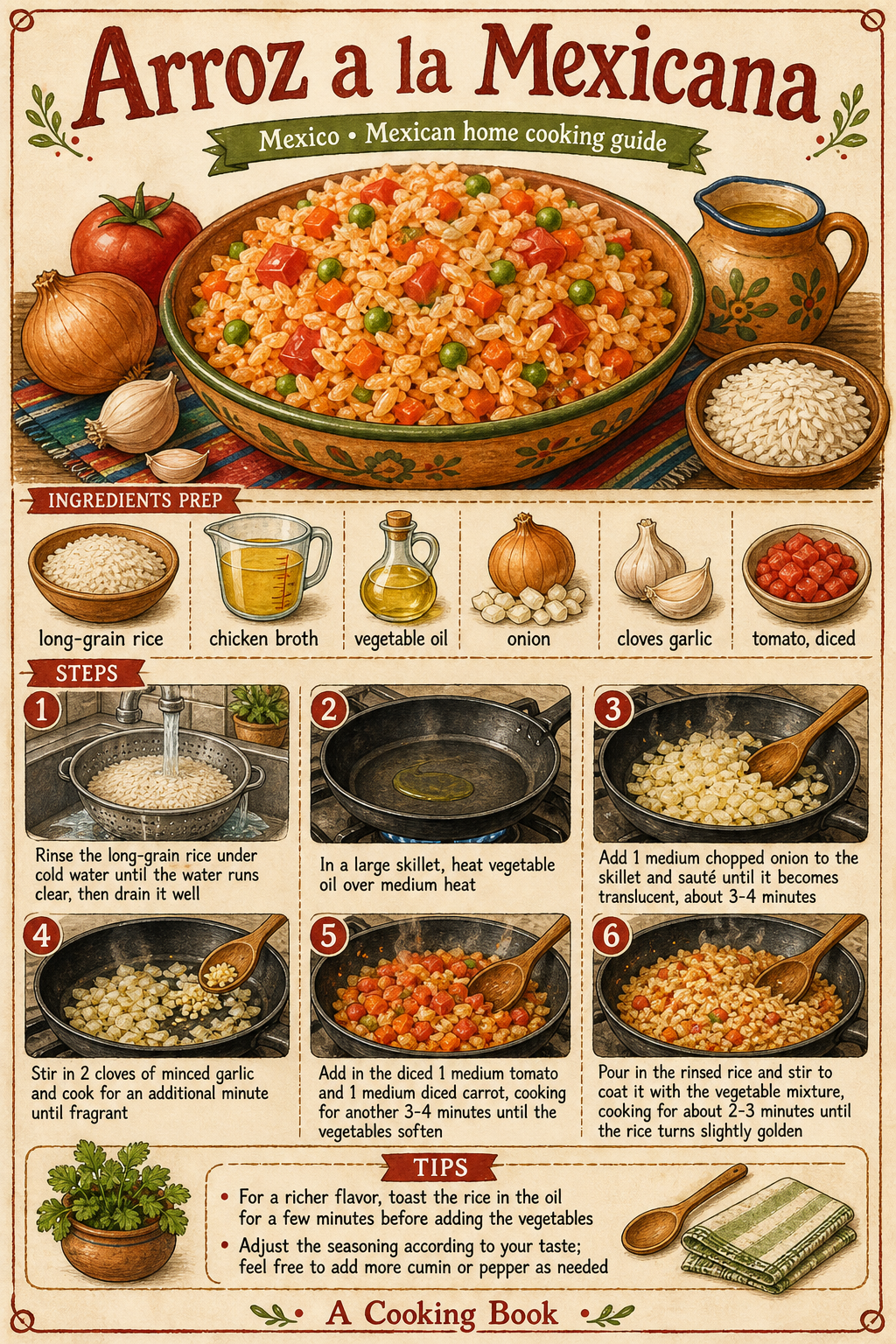 Arroz a la Mexicana illustrated step-by-step cooking guide