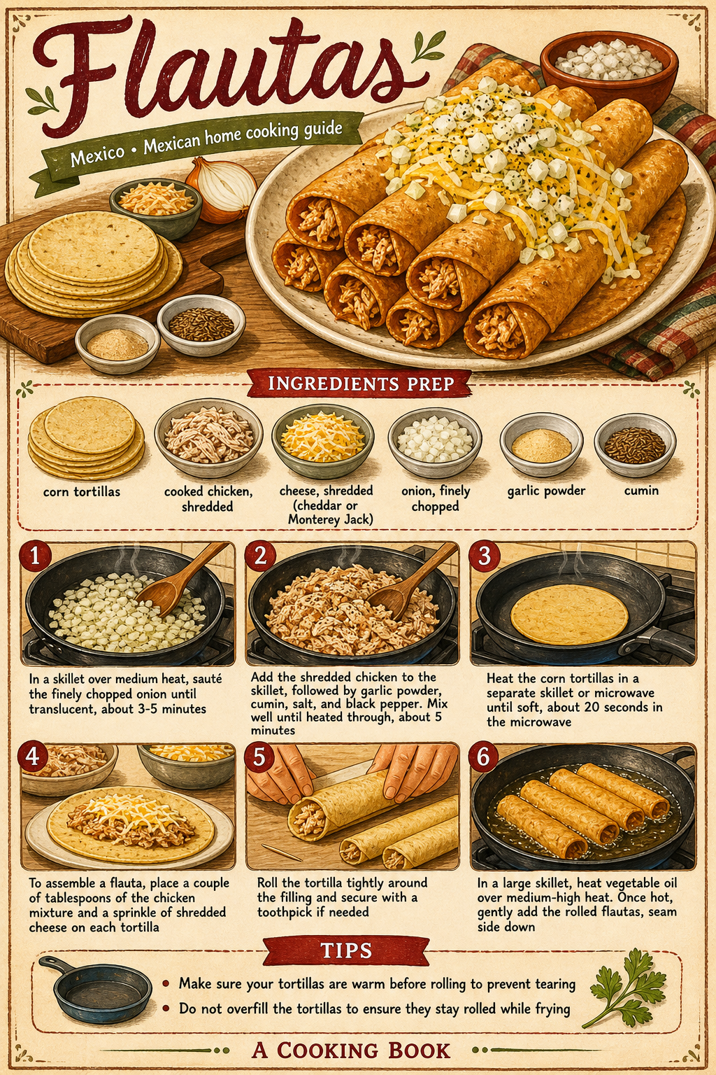Flautas illustrated step-by-step cooking guide