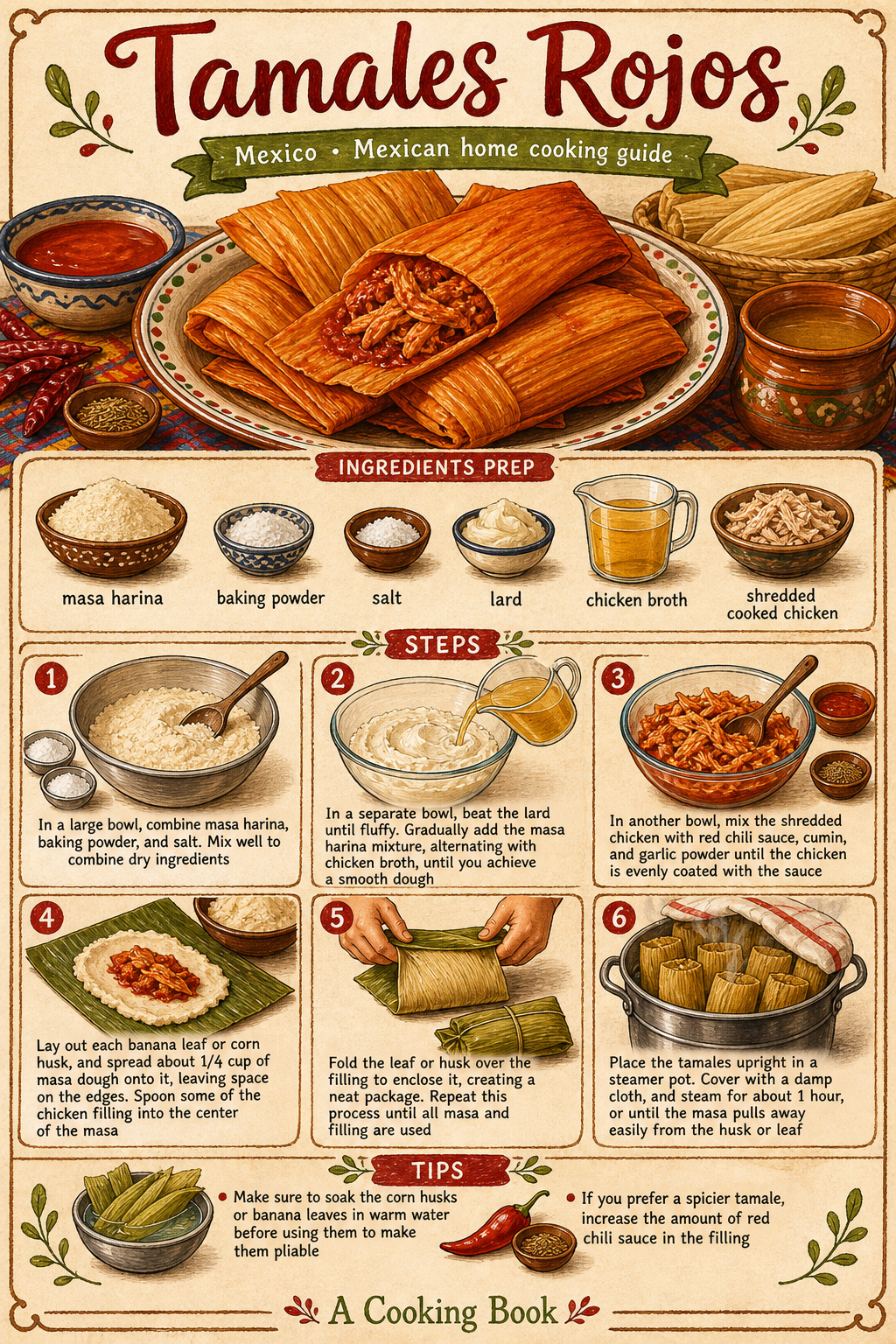 Tamales Rojos illustrated step-by-step cooking guide