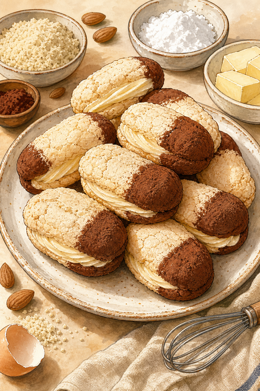 Dutch Bokkepootjes with Buttercream and Chocolate-Dipped Ends illustrated recipe card