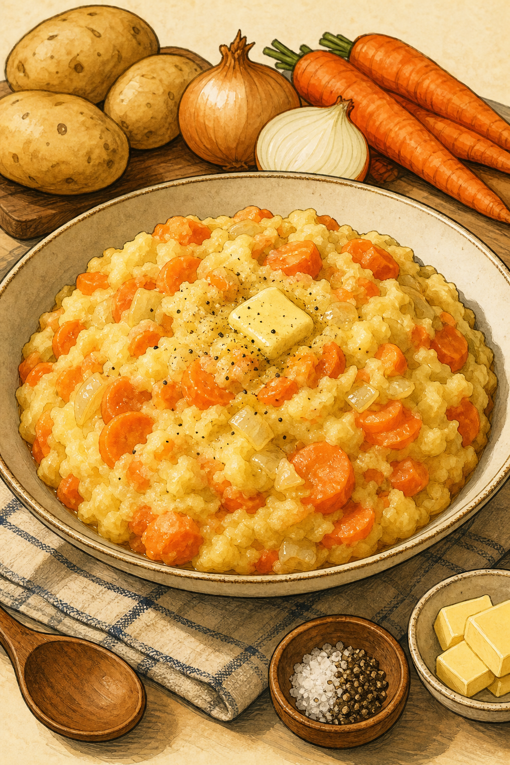 Dutch Hutspot with Carrot and Onion illustrated recipe card