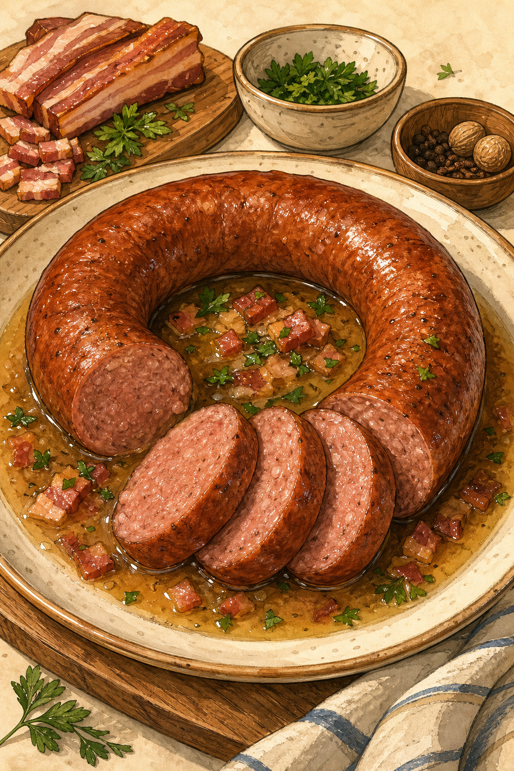 Traditional Dutch Rookworst (Smoked Sausage) illustrated recipe card