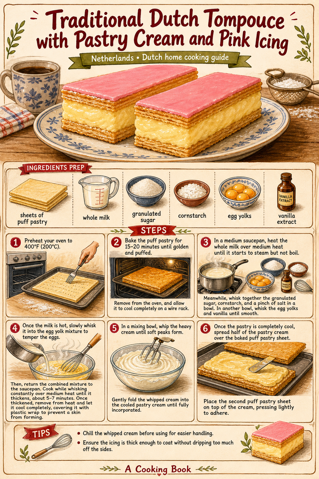 Dutch Tompouce with Pastry Cream and Pink Icing illustrated step-by-step cooking guide