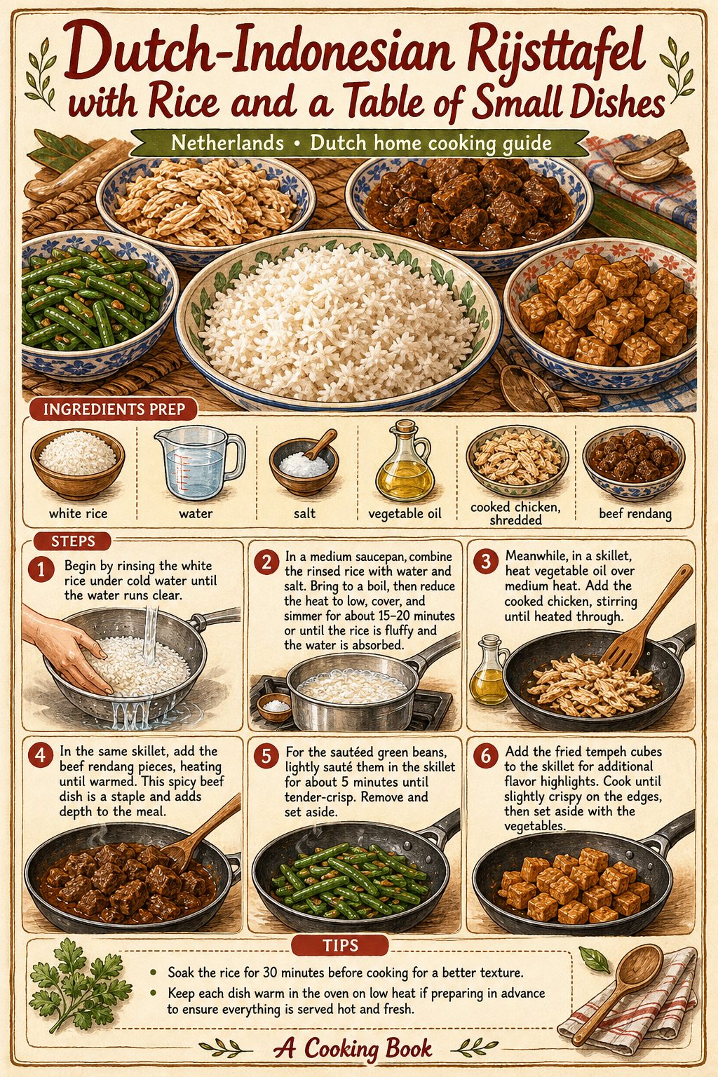 Dutch-Indonesian Rijsttafel with Rice and Small Dishes illustrated step-by-step cooking guide