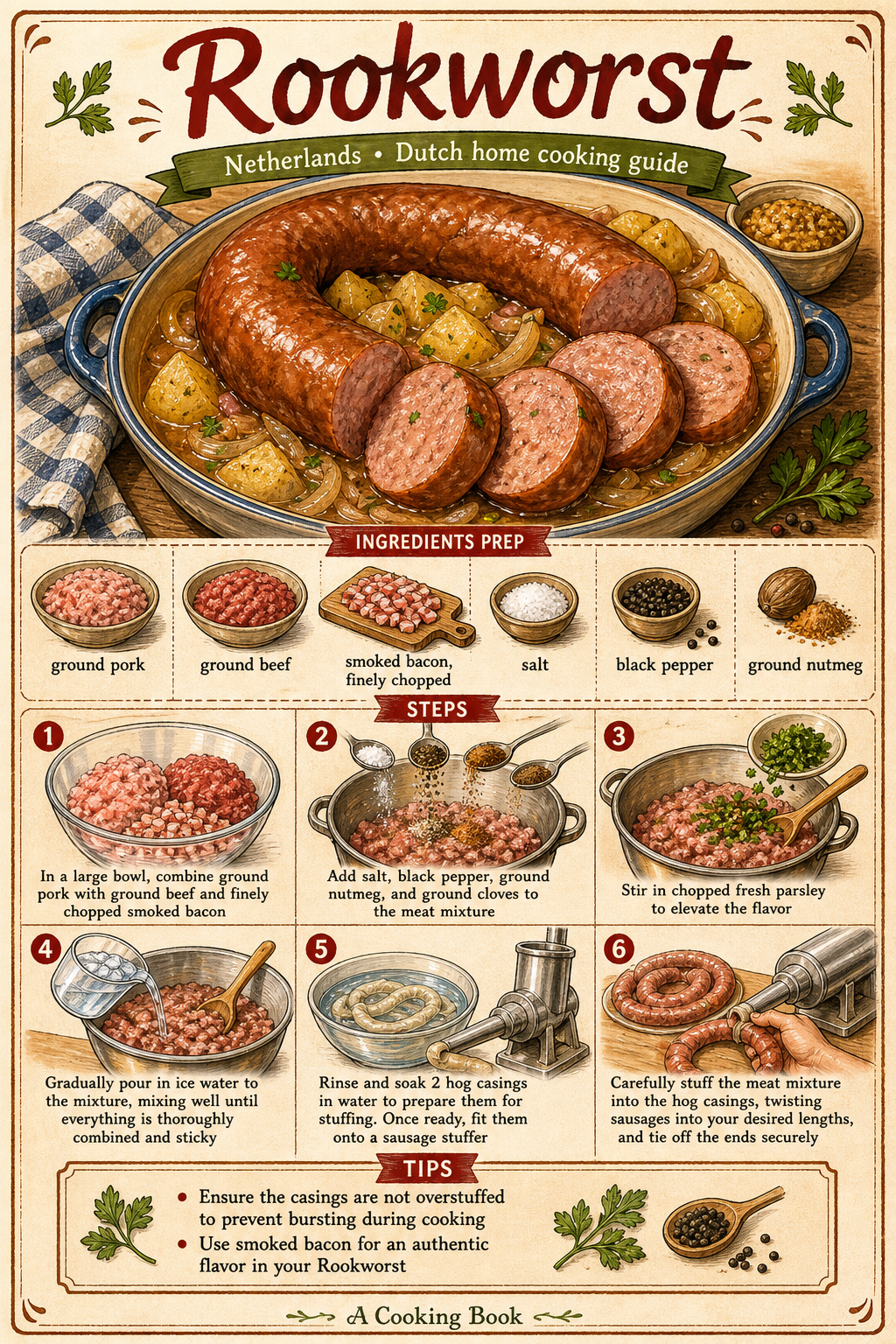 Traditional Dutch Rookworst (Smoked Sausage) illustrated step-by-step cooking guide
