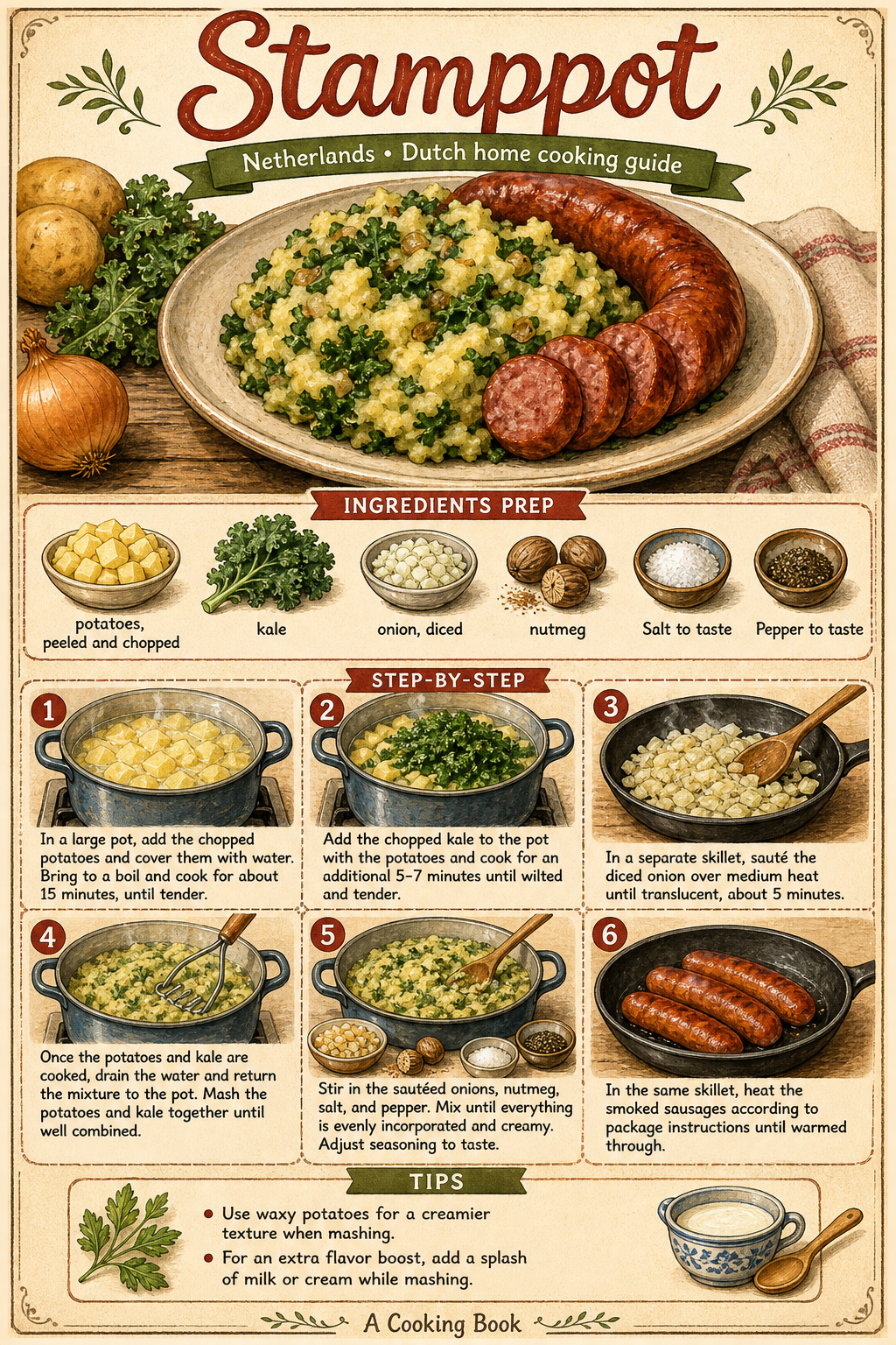 Boerenkoolstamppot with Rookworst illustrated step-by-step cooking guide