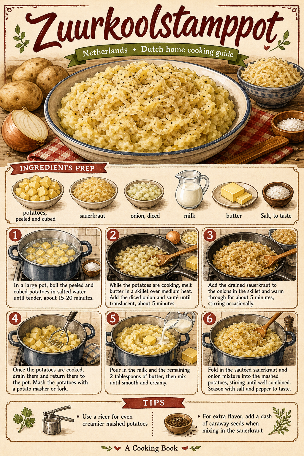 Dutch Zuurkoolstamppot with Rookworst illustrated step-by-step cooking guide