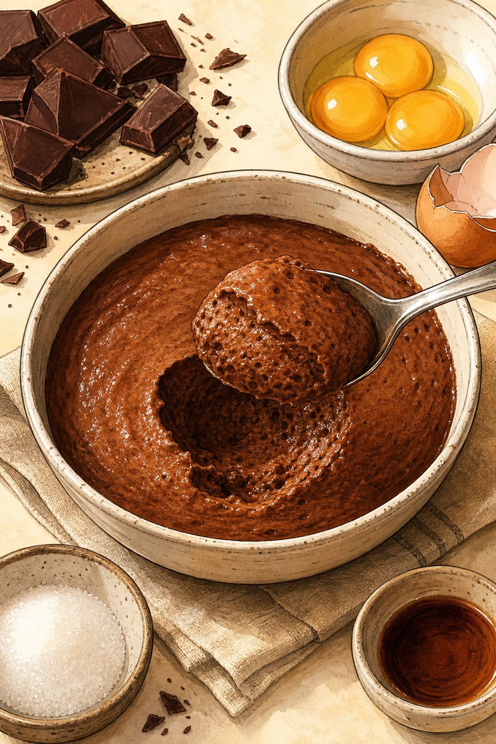 Traditional Belgian Dark Chocolate Mousse illustrated recipe card
