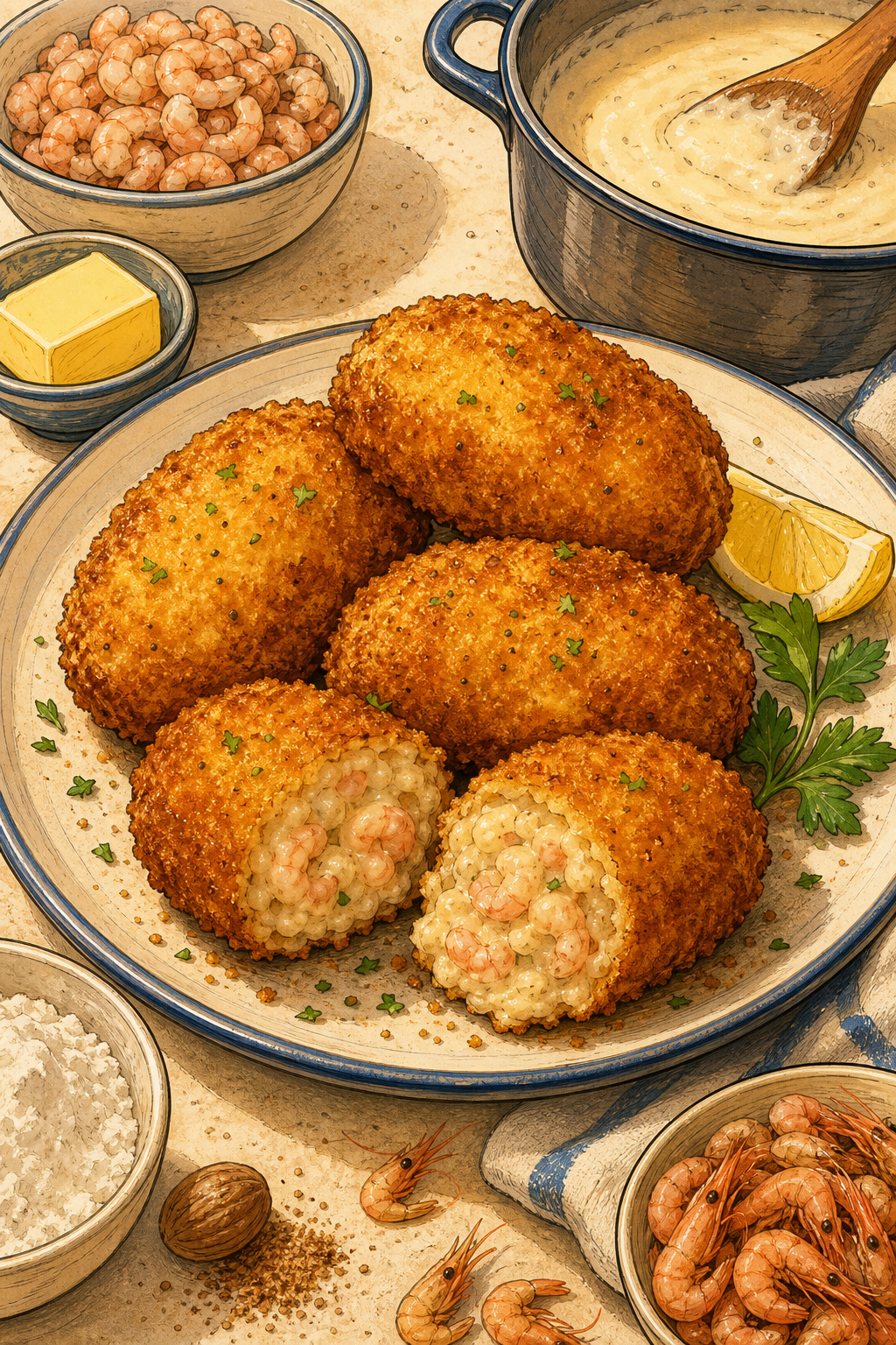 Traditional Belgian North Sea Grey Shrimp Croquettes illustrated recipe card