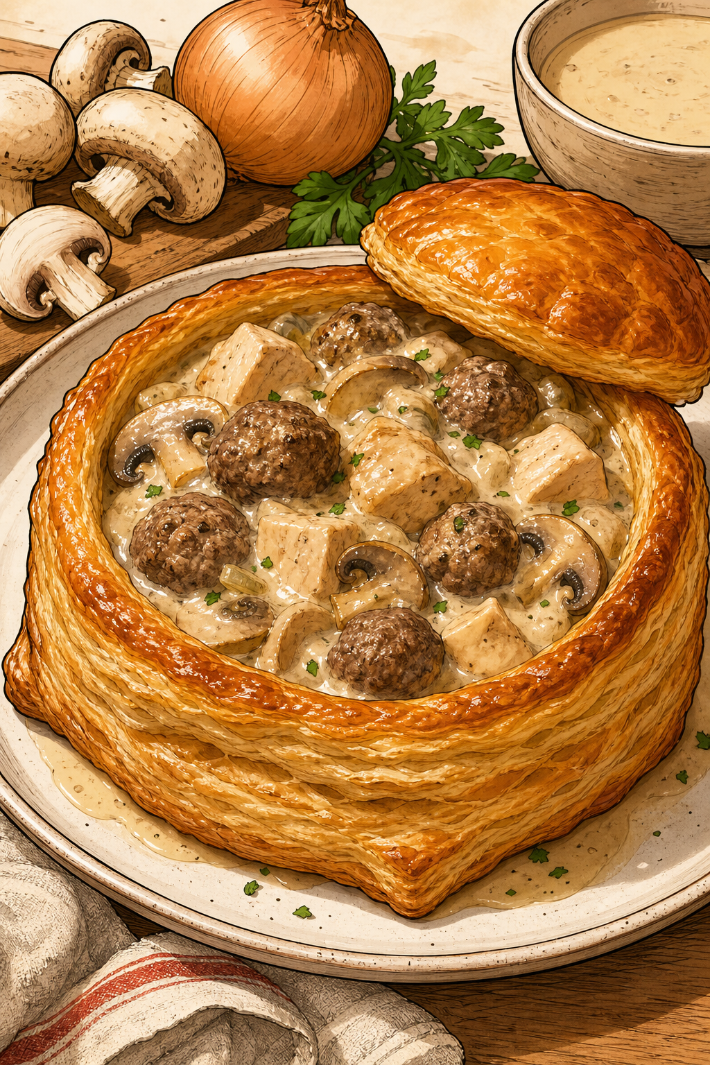 Traditional Belgian Vol-au-Vent with Chicken, Mushrooms and Small Meatballs