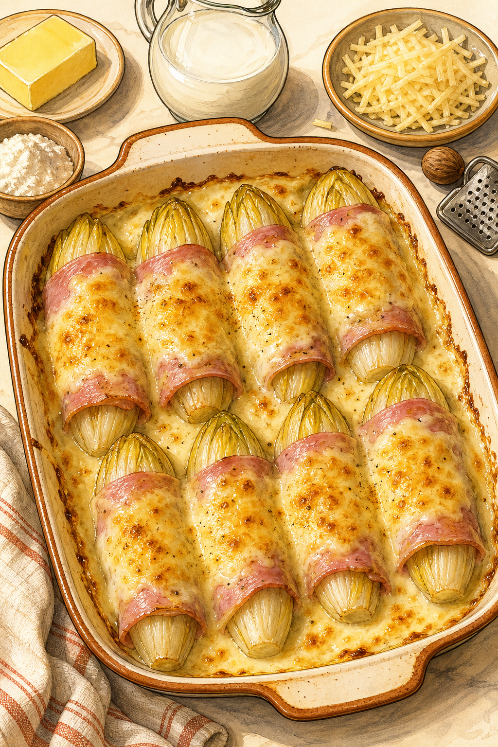 Traditional Belgian Chicons au Gratin with Ham and Cheese Sauce