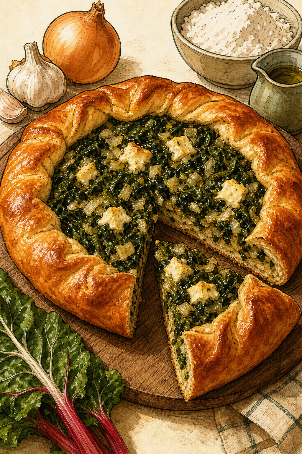 Traditional Open-Faced Nivelles Tarte al Djote illustrated recipe card