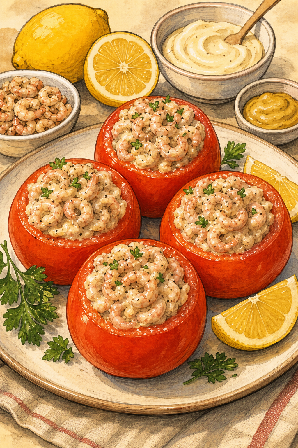 Traditional Cold Belgian Tomates aux Crevettes illustrated recipe card