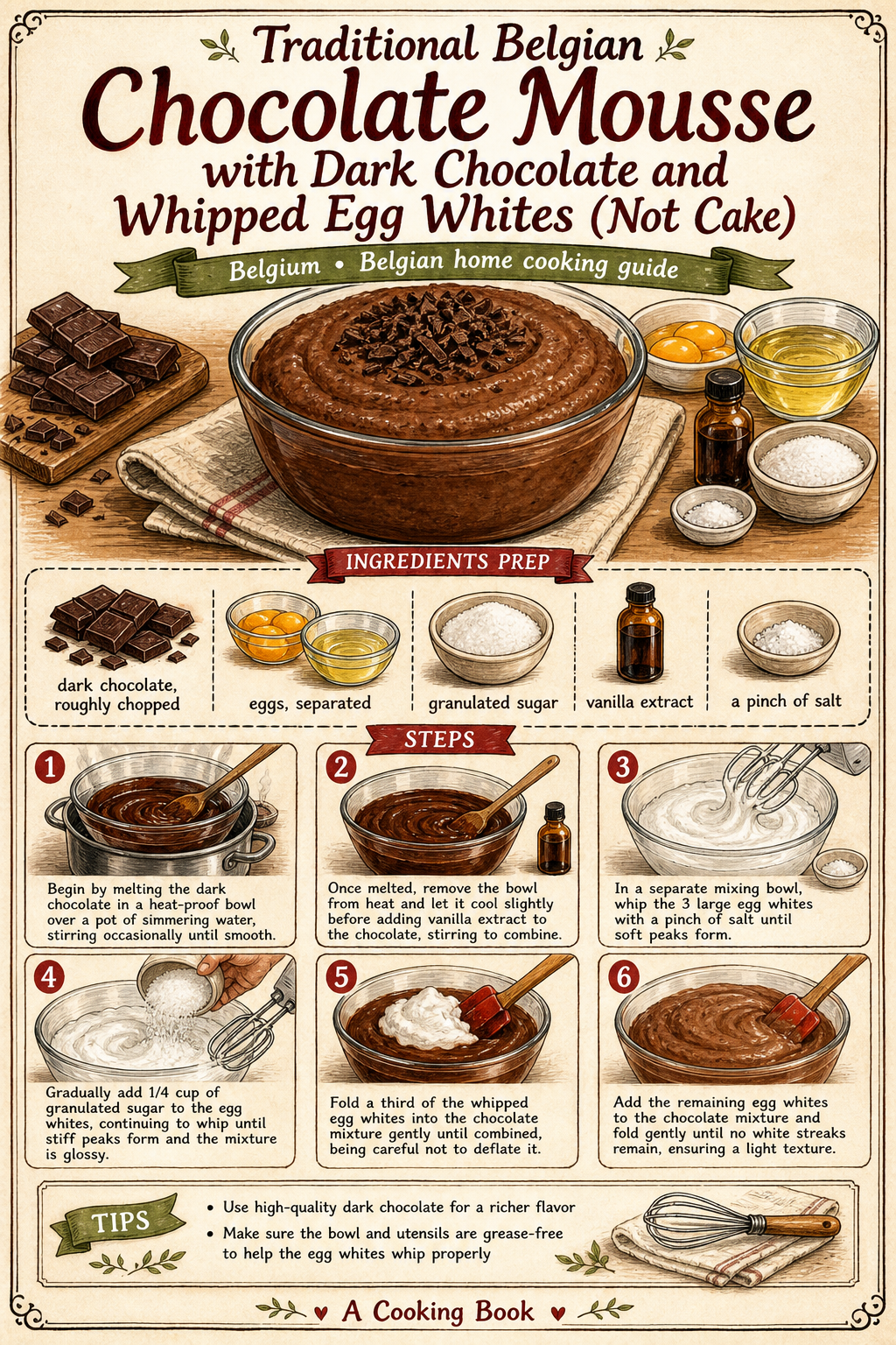 Traditional Belgian Dark Chocolate Mousse illustrated step-by-step cooking guide
