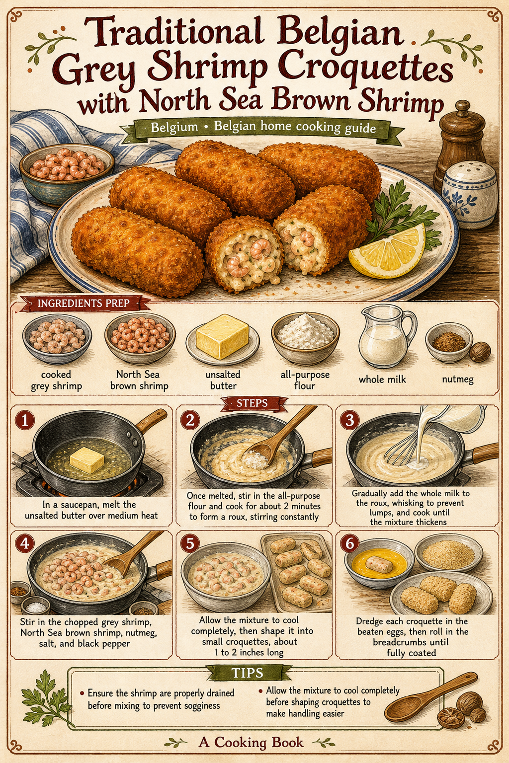 Traditional Belgian North Sea Grey Shrimp Croquettes illustrated step-by-step cooking guide