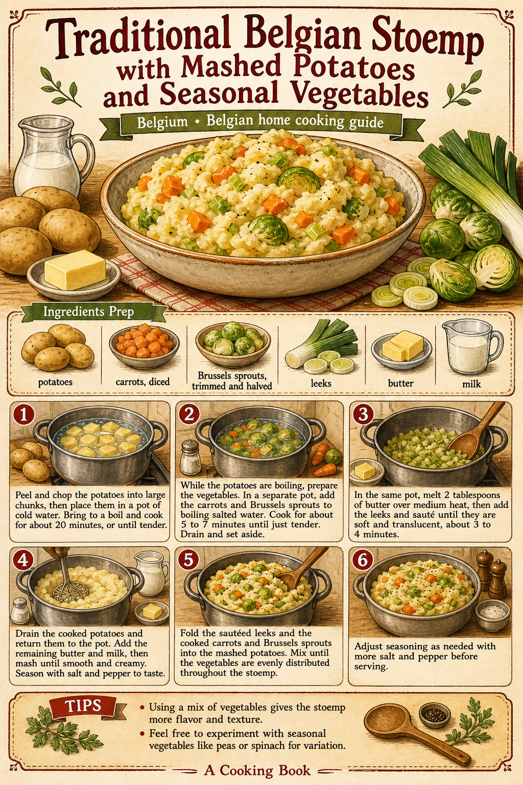 Traditional Belgian Carrot and Leek Stoemp illustrated step-by-step cooking guide